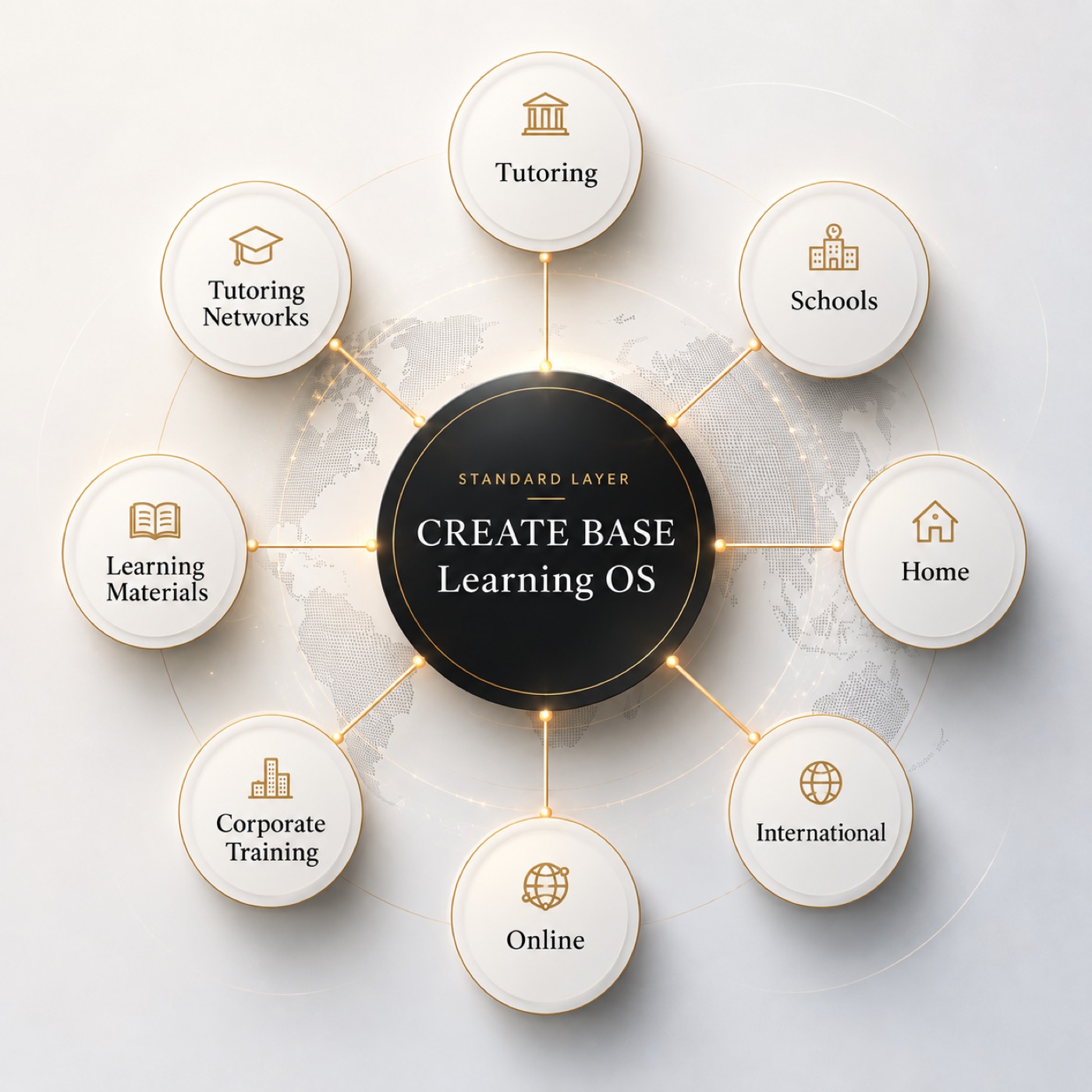 CREATE BASE Learning OS as the standard layer connecting tutoring, schools, home, international learning, online learning, corporate training, learning materials and tutoring networks.